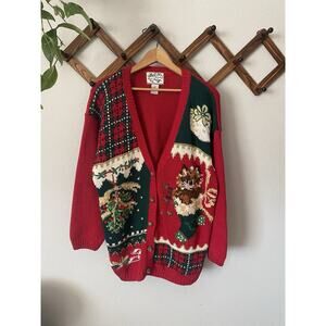 Vintage Heirloom Collectibles Cardigan Women Sz L Christmas Cat Ugly Sweater